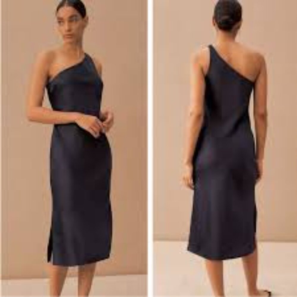 BHLDN One-Shoulder Satin Midi Dress in Navy